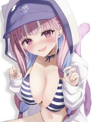 Rule 34 | 1girl, ara1e, bikini, blue hair, blush, breasts, cat tail, cleavage, fang, hat, highres, hololive, hood, hooded jacket, jacket, kemonomimi mode, large breasts, long hair, looking at viewer, low twintails, minato aqua, multicolored hair, nail polish, navel, neko (minato aqua), open mouth, pink eyes, pink hair, skin fang, smile, solo, streaked hair, striped bikini, striped clothes, swimsuit, tail, twintails, upper body, virtual youtuber