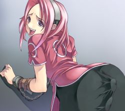 Rule 34 | 1girl, anal, anal object insertion, ass, back, bdsm, bent over, bike shorts, black eyes, bondage, bound, bound arms, chain, cuffs, cum, dress, empty eyes, facial, from behind, gradient background, haruno sakura, headband, long hair, looking back, naruto, naruto (series), object insertion, open clothes, open dress, open mouth, pink hair, purple eyes, red dress, restrained, shackles, shadow, short sleeves, shorts, skin tight, solo, spandex, tasaka shinnosuke, tongue, torogao