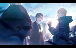 Rule 34 | 3boys, aohitsugi samatoki, black-framed eyewear, black border, black gloves, black jacket, black necktie, blue coat, blue sky, border, brown hair, busujima rio mason, camouflage, camouflage coat, car, chain, cigarette, cityscape, cloud, coat, coattails, collared coat, collared shirt, commentary request, day, from behind, from side, glasses, gloves, gold chain, grey eyes, grey shirt, hand in pocket, hand on own hip, high collar, highres, holding, holding cigarette, hood, hood down, hooded coat, hypnosis mic, iruma jyuto, jacket, jacket on shoulders, letterboxed, long sleeves, looking at another, male focus, minami kazuki (hanbee), motor vehicle, mouth hold, multiple boys, necktie, open clothes, open jacket, open mouth, orange hair, outdoors, parted bangs, shirt, short hair, sky, smile, sunlight, teeth, thumbs up, upper body