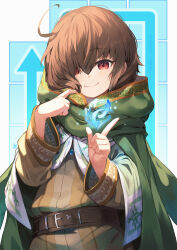 Rule 34 | 1other, aged down, ambiguous gender, belt, belt buckle, brown belt, brown eyes, brown hair, buckle, cloak, closed mouth, commentary request, fire emblem, fire emblem: the blazing blade, fire emblem heroes, green cloak, highres, hood, hood down, hooded cloak, index finger raised, looking at viewer, magic, mark (fire emblem: the blazing blade), nakabayashi zun, nintendo, short hair, smile, solo