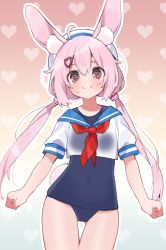 Rule 34 | 1girl, ahoge, akagashi hagane, animal ear fluff, animal ears, blush, clenched hands, commentary request, covered navel, crop top, hair ornament, hairclip, hat, heart, long hair, low twintails, one-piece swimsuit, pink eyes, pink hair, rabbit ears, rabbit tail, school swimsuit, school uniform, serafuku, shirt, solo, sweatdrop, swimsuit, tail, thigh gap, tomari mari, tomari mari channel, twintails, virtual youtuber, wet, wet clothes, wet shirt, white hat, white shirt