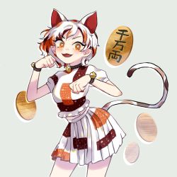 Rule 34 | 1girl, :d, animal ears, bell, blush, bracelet, breasts, bright pupils, cat ears, cat tail, coin, collar, contrapposto, cowboy shot, crop top, extra ears, fang, goutokuji mike, grey background, hands up, highres, jewelry, jingle bell, leaning forward, looking at viewer, maneki-neko, medium breasts, midriff, multicolored hair, open mouth, orange eyes, paw pose, pleated skirt, pointy ears, puffy short sleeves, puffy sleeves, short hair, short sleeves, skirt, smile, solo, standing, streaked hair, suzumin, tail, touhou, white pupils