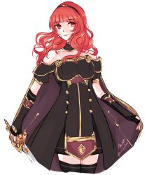 Rule 34 | 1girl, armor, black dress, blood, blood on face, bloody tears, cape, celica (fire emblem), corruption, dark persona, dress, duma (fire emblem), earrings, fingerless gloves, fire emblem, fire emblem echoes: shadows of valentia, fire emblem heroes, gloves, hair ornament, highres, holding, holding sword, holding weapon, intelligent systems, jewelry, long hair, nana (mizukas), nintendo, possessed, possession, red eyes, red hair, smile, solo, sword, thighhighs, tiara, weapon
