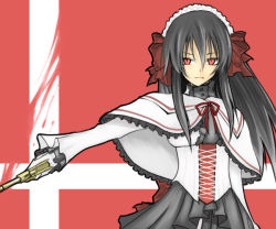 Rule 34 | 00s, 1girl, android, april (coyote ragtime show), black hair, capelet, coyote ragtime show, dress, expressionless, female focus, frills, gothic lolita, gun, hair between eyes, headdress, holding, holding weapon, lolita fashion, long hair, long sleeves, looking at viewer, outstretched arm, red eyes, red ribbon, ribbon, solo, upper body, weapon, wide sleeves, wind