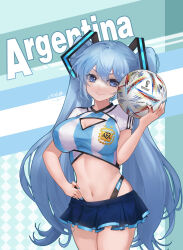 Rule 34 | 1girl, 2022, 2022 fifa world cup, al rihla, argentina, argentinian flag, argentinian flag print, ball, blue eyes, blue hair, blue nails, blue skirt, breasts, cleavage cutout, clothing cutout, commentary, commentary request, english text, flag print, hand on own hip, hatsune miku, highleg, highleg panties, highres, holding, holding ball, jokanhiyou, large breasts, long hair, long twintails, miniskirt, nail polish, navel, panties, shirt, short sleeves, skirt, soccer ball, solo, striped clothes, striped shirt, twintails, two-tone shirt, underwear, vertical-striped clothes, vertical-striped shirt, very long hair, vocaloid, wide hips, world cup