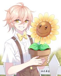 Rule 34 | 1boy, absurdres, artist name, bow, bowtie, brown hair, brown pants, collared shirt, crystal earrings, earrings, facial mark, fence, flower, flower pot, grin, highres, holding, holding flower pot, jewelry, kumu zaisheng, male focus, pants, personification, plants vs zombies, shirt, short hair, short sleeves, smile, sunflower, sunflower (plants vs zombies), suspenders, teeth, upper body, white background, white shirt, wooden fence, yellow bow, yellow bowtie, yellow eyes