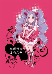 Rule 34 | 1girl, alternate hair length, alternate hairstyle, boots, choker, cosplay, cure peach, cure peach (cosplay), dress, fresh precure!, frilled dress, frills, full body, hair ornament, happy, heart, higashi setsuna, high heels, knee boots, kneehighs, long hair, looking at viewer, maboroshineko, magical girl, pink background, pink dress, pink footwear, pink skirt, pink socks, pink theme, precure, puffy sleeves, simple background, skirt, smile, socks, solo, translation request, twintails, wrist cuffs