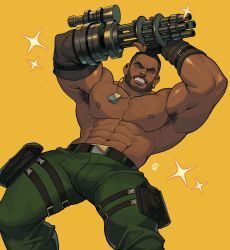 Rule 34 | 1boy, abs, absolum art, absurdres, amputee, armpit hair, armpits, bara, bare pectorals, barret wallace, beard, belt, bulge, camouflage, camouflage pants, chest hair, dark-skinned male, dark skin, dynamic pose, facial hair, feet out of frame, fighting stance, final fantasy, final fantasy vii, green pants, harness, highres, large pectorals, leaning back, male focus, manly, mechanical arms, muscular, navel, nipples, pants, pectorals, short hair, single mechanical arm, solo, square enix, thick thighs, thighs, tight clothes, tight pants