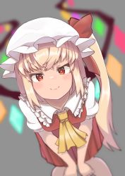 Rule 34 | 1girl, absurdres, ascot, blonde hair, blurry, blurry background, blurry foreground, blush, crystal, depth of field, eyebrows hidden by hair, flandre scarlet, foreshortening, frilled shirt collar, frills, from above, grey background, hat, hat ribbon, highres, leaning forward, long hair, miniskirt, mob cap, onbashria, one side up, pov, puffy short sleeves, puffy sleeves, red eyes, red ribbon, red skirt, red vest, ribbon, shirt, short sleeves, simple background, skirt, skirt set, smile, solo, touhou, vest, white hat, white shirt, wings