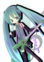 Rule 34 | 1girl, :d, aqua background, aqua eyes, aqua hair, aqua necktie, black footwear, black skirt, blush, boots, detached sleeves, female focus, gradient background, grey shirt, guitar, happy, hatsune miku, headphones, instrument, japanese text, lace, long hair, necktie, number tattoo, open mouth, shirt, skirt, sleeveless, smile, solo, spring onion, standing, standing on one leg, tattoo, translated, treble clef, twintails, very long hair, vocaloid, white background