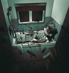 Rule 34 | 1girl, bag, bathroom, bathtub, black eyes, black hair, blood, blood in water, blood on clothes, blood on face, blood on wall, chibi, dark, dress, eyepatch, faucet, ice pack, indoors, injury, iolite1018, jaggy lines, jitome, medical eyepatch, object on head, original, pale skin, paper bag, reclining, shower head, solo, strap slip, tape, tile wall, tiles, towel, window, window blinds