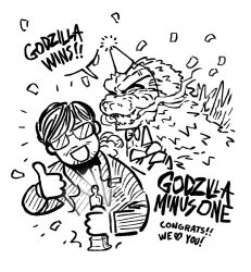 Rule 34 | 2024, 2boys, :3, academy awards, award, bow, bowtie, claws, closed eyes, company connection, dinosaur, english text, glasses, godzilla, godzilla (series), godzilla minus one, happy, highres, holding, holding trophy, hollywood, kaijuu, looking at another, looking at viewer, monochrome, monster, multiple boys, ok sign, quazieart, real life, sharp teeth, spikes, standing, surprised, teeth, toho, trophy, yamazaki takashi (director)
