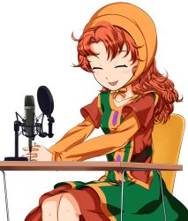 Rule 34 | 1girl, breasts, chair, curly hair, dragon quest, dragon quest vii, dress, hood, long hair, maribel (dq7), microphone, open mouth, orange hair, simple background, sitting, smile, solo, table, white background