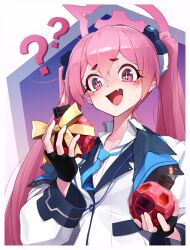 Rule 34 | 1girl, ?, black gloves, blue archive, blue necktie, blush stickers, collared shirt, fang, fingerless gloves, gloves, hair between eyes, halo, highres, holding, jacket, koyuki (blue archive), long hair, long sleeves, necktie, open mouth, pink eyes, pink hair, pink halo, randle, shirt, skin fang, solo, twintails, upper body, white jacket, white shirt