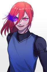 Rule 34 | 1boy, 2elu2, absurdres, black shirt, blue lock, blue vest, bright pupils, chigiri hyoma, eyelashes, hair between eyes, highres, long sleeves, looking at viewer, lower teeth only, male focus, open mouth, red eyes, red hair, shirt, simple background, solo, teeth, upper body, vest, white background, white pupils