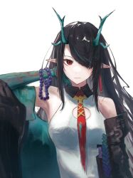 Rule 34 | 1girl, aqua hair, aqua horns, arknights, arm behind head, bare shoulders, bead bracelet, beads, black hair, black jacket, bracelet, closed mouth, collared dress, colored skin, commentary, dragon girl, dragon horns, dress, dusk (arknights), earrings, green skin, hair over one eye, horns, jacket, jewelry, looking at viewer, multicolored hair, necktie, off-shoulder jacket, off shoulder, pointy ears, red eyes, red necktie, simple background, sleeveless, sleeveless dress, solo, streaked hair, takapoyon, tassel, tassel earrings, upper body, white background, white dress