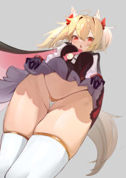 Rule 34 | 1girl, absurdres, aged down, ahoge, animal ear fluff, animal ears, arknights, ass, blonde hair, blush, breasts, bugegehaibugouse, clothes lift, gloves, grey background, hair between eyes, hair intakes, highres, lifting own clothes, long hair, looking at viewer, medium breasts, open mouth, panties, partially visible vulva, perspective, red eyes, simple background, skirt, skirt lift, solo, sora (arknights), thighhighs, twintails, underwear, wedgie, white thighhighs, wolf ears