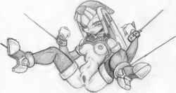 Rule 34 | 1girl, android, bdsm, bondage, bound, breasts, capcom, greyscale, holding legs, fairy leviathan (mega man), mega man (series), mega man zero (series), monochrome, pussy, sketch, solo, spread legs, thighhighs, uncensored, white background