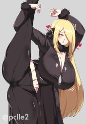 Rule 34 | 1girl, absurdres, alternate eye color, black pants, blonde hair, breasts, cleavage, creatures (company), cynthia (pokemon), fur collar, game freak, grey background, hair ornament, hair over one eye, heart, heart-shaped pupils, highres, huge breasts, leg lift, long hair, long sleeves, midriff, navel, nintendo, open mouth, pants, pclle2, pokemon, pokemon dppt, simple background, solo, standing, standing on one leg, symbol-shaped pupils, yellow eyes
