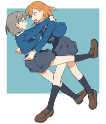 Rule 34 | 2girls, black socks, blue background, blue dress, blue eyes, blue jacket, border, bow, bowtie, brown footwear, carrying, carrying person, coldcat., collared shirt, cropped jacket, dress, face-to-face, grey hair, hair between eyes, hands on another&#039;s shoulders, hands on another&#039;s waist, hanging on, highres, jacket, kneehighs, layered clothes, leaning forward, leg up, loafers, love live!, love live! superstar!!, medium hair, multiple girls, open clothes, open jacket, open mouth, orange hair, pinafore dress, pleated dress, purple eyes, red bow, red bowtie, school uniform, shibuya kanon, shirt, shoes, sidelocks, sleeveless, sleeveless dress, socks, tang keke, white border, white shirt, yuri