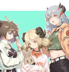 Rule 34 | 3girls, :q, absurdres, alternate costume, arknights, belt, black choker, black shirt, black shorts, blonde hair, brown hair, casual, choker, crop top, crop top overhang, cup, disposable cup, dragon horns, earrings, feather hair, food, green shirt, groin, highres, holding, horns, ice cream, ifrit (arknights), jacket, jewelry, jiusan naitang, long hair, looking at viewer, low twintails, midriff, multiple girls, navel, open clothes, open jacket, open mouth, orange eyes, orange jacket, red eyes, saria (arknights), shirt, short hair, shorts, silence (arknights), silver hair, smile, stomach, striped clothes, striped shirt, stuffed animal, stuffed rabbit, stuffed toy, sunglasses, tinted eyewear, tongue, tongue out, twintails, upper body, white jacket, white shirt