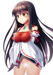 Rule 34 | 1girl, bad id, bad pixiv id, bare shoulders, black hair, bottomless, breasts, brown eyes, censored, cleavage, crossed arms, detached sleeves, jewelry, large breasts, long hair, m.u.g.e.n, magatama, necklace, no bra, nontraditional miko, original, ribbon-trimmed sleeves, ribbon trim, sendai hakurei no miko, sideboob, solo, touhou, wide sleeves, z.o.b