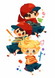 Rule 34 | 3boys, baseball cap, black hair, blonde hair, blue eyes, branch, chibi, child, crossover, doseisan, expressionless, full body, happy, hat, hitofutarai, in-franchise crossover, lucas (mother 3), male focus, mother (game), mother 1, mother 2, mother 3, multiple boys, music, ness (mother 2), ninten, nintendo, open mouth, red socks, shirt, short hair, shorts, smile, socks, striped clothes, striped shirt