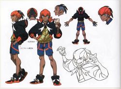 Rule 34 | 1boy, black hair, blue shorts, cellphone, claw pose, concept art, creatures (company), dark-skinned male, dark skin, earrings, game freak, gloves, green eyes, gym leader, hand in pocket, holding, holding phone, hood, hood down, hoodie, jewelry, knees, looking at viewer, male focus, nintendo, official art, orange headwear, parted lips, partially colored, phone, pokemon, pokemon swsh, raihan (pokemon), scan, shoes, shorts, smile, translation request