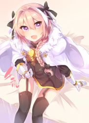 Rule 34 | 1boy, arm support, astolfo (fate), bad id, bad pixiv id, black thighhighs, blush, braid, bulge, cape, clothes lift, dress, dress lift, fang, fate/apocrypha, fate (series), garter straps, gloves, hair ribbon, heart, heart in eye, highres, kaenuco, long hair, looking at viewer, male focus, open mouth, pink hair, purple eyes, ribbon, single braid, sitting, smile, solo, symbol in eye, thighhighs, trap