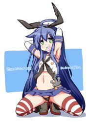 Rule 34 | 1girl, ahoge, anchor hair ornament, armpits, arms behind head, bad id, bad pixiv id, black hairband, black panties, blue background, blue hair, blue skirt, blush, character name, clenched teeth, condom, condom in mouth, cosplay, crossover, elbow gloves, gloves, green eyes, hair ornament, hairband, horizontal-striped legwear, izumi konata, kantai collection, long hair, looking at viewer, lucky star, mizushima (p201112), mouth hold, navel, panties, shimakaze (kancolle), shimakaze (kancolle) (cosplay), skirt, smile, solo, squatting, striped clothes, striped thighhighs, teeth, thighhighs, underwear, very long hair, white background