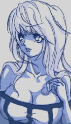 Rule 34 | 1girl, arc the lad, arc the lad ii, breasts, cleavage, dress, female focus, lieza (arc the lad), long hair, lowres, monochrome, nama-hamu, simple background, solo