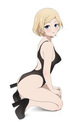 Rule 34 | 1girl, ass, bare arms, bare legs, bare shoulders, black footwear, black one-piece swimsuit, blonde hair, blue eyes, blush, breasts, commentary, competition swimsuit, coro fae, dot nose, english commentary, from side, hayasaka nao, high heels, highres, kaguya-sama wa kokurasetai ~tensai-tachi no renai zunousen~, looking at viewer, mature female, medium breasts, one-piece swimsuit, paid reward available, parted bangs, parted lips, platform footwear, shadow, short hair, simple background, socks, solo, swimsuit, turning head, white background