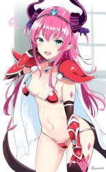 Rule 34 | 1girl, :d, ?, areola slip, arm up, armor, bad id, bad pixiv id, bikini, bikini armor, black thighhighs, blue eyes, blush, breasts, cape, collar, commentary request, cowboy shot, curly hair, dragon horns, dragon tail, earrings, elizabeth bathory (brave) (fate), elizabeth bathory (fate), fang, fate/grand order, fate (series), groin, hairband, hand in own hair, horns, jewelry, leaning forward, legs apart, long hair, looking at viewer, loose bikini, open mouth, oversized clothes, pauldrons, pink hair, pointy ears, red bikini, shoulder armor, sidelocks, small breasts, smile, solo, standing, swimsuit, tail, takaharu, thighhighs, two side up, vambraces, white cape, window