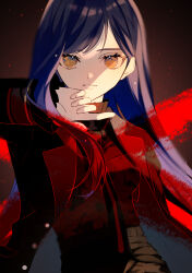 Rule 34 | 1girl, :|, absurdres, black jacket, black necktie, black pants, blazer, blue hair, closed mouth, collared shirt, commentary, cowboy shot, expressionless, floral print, hand up, high-waist pants, highres, index finger raised, jacket, light up the fire (project sekai), long hair, looking at viewer, multicolored clothes, multicolored jacket, necktie, open clothes, open jacket, orange eyes, pale skin, pants, print shirt, project sekai, red jacket, red theme, shiraishi an, shirt, shirt tucked in, sidelocks, solo, straight-on, straight hair, striped necktie, swept bangs, two-tone jacket, un known9999