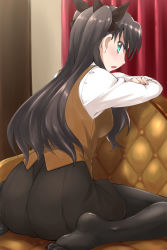 Rule 34 | 1girl, ass, black pantyhose, blush, breasts, brown hair, crossed arms, fate/stay night, fate (series), feet, green eyes, huge ass, long hair, long sleeves, looking back, mikagami sou, pantyhose, sitting, skirt, solo, tohsaka rin, twintails, two side up, vest, wariza