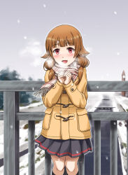 Rule 34 | 1girl, :d, against railing, black skirt, black socks, blunt ends, blurry, blush, breath, brown eyes, clenched hands, coat, day, depth of field, duffel coat, fringe trim, futsuu no joshikousei ga locodol yattemita, grey sky, hair flaps, long hair, long sleeves, low twintails, nazukari mirai, open mouth, outdoors, own hands together, plaid, plaid scarf, pleated skirt, pocket, railing, red eyes, road, scarf, shiina nami, skirt, sky, smile, snow, snowing, socks, solo, straight-on, twintails, white scarf, winter, winter clothes, yellow coat