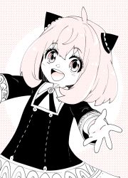 Rule 34 | 1girl, ahoge, anya (spy x family), blush, child, eden academy school uniform, hair between eyes, hairpods, ikuhashi muiko, long sleeves, looking at viewer, medium hair, monochrome, open mouth, outstretched arms, pink background, pink eyes, pink hair, pink theme, school uniform, smile, solo, spy x family, teeth, upper body, upper teeth only
