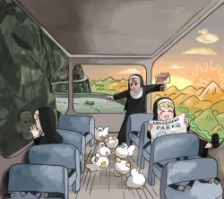 Rule 34 | 3girls, black footwear, blonde hair, blush, brown hair, bus interior, closed eyes, cloud, clumsy nun (diva), diva (hyxpk), froggy nun (diva), highres, little nuns (diva), meme, mountain, multiple girls, nun, open mouth, river, road, shoes, sitting, smile, spicy nun (diva), standing, tongue, tongue out, traditional nun, two guys on a bus (meme), window
