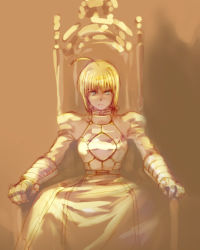 Rule 34 | 00s, 1girl, ahoge, armor, armored dress, artoria pendragon (all), artoria pendragon (fate), blonde hair, dress, fate/stay night, fate (series), gauntlets, green eyes, king, lowres, muted color, saber (fate), sitting, solo, throne