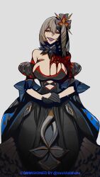 Rule 34 | 1girl, absurdres, bare shoulders, black dress, black gloves, breasts, cleavage, commentary, commission, dark persona, dress, fate/grand order, fate (series), french clothes, gloves, highres, large breasts, light smile, lips, long hair, looking at viewer, marie antoinette (alter) (fate), marie antoinette (fate), own hands together, savadava, solo, white background, white hair, yellow eyes