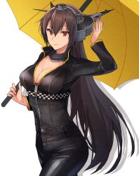 Rule 34 | 1girl, anchor symbol, black hair, black jacket, black pants, breasts, cleavage, closed mouth, cowboy shot, hair between eyes, holding, holding umbrella, jacket, kantai collection, kasumi (skchkko), large breasts, long hair, long sleeves, looking at viewer, nagato (kancolle), pants, race queen, red eyes, simple background, solo, umbrella, white background, yellow umbrella, zipper, zipper pull tab