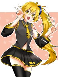 Rule 34 | 1girl, akita neru, bad id, bad twitter id, black skirt, blonde hair, commentary request, detached sleeves, double v, highres, long hair, necktie, open mouth, popoi 156cm, side ponytail, skirt, smile, solo, v, very long hair, vocaloid, yellow eyes, yellow necktie