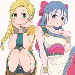 Rule 34 | 2girls, bianca (dq5), blonde hair, blue eyes, blue hair, blush, bow, braid, breasts, cape, choker, closed mouth, commentary, dragon quest, dragon quest v, dress, earrings, flora (dq5), hair bow, hair over shoulder, jewelry, long hair, looking at viewer, miyama (kannsannn), multiple girls, open mouth, pink bow, simple background, single braid, smile, square enix