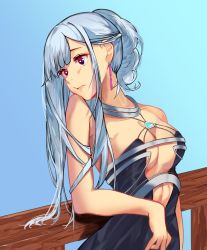 Rule 34 | 1girl, ak-12 (girls&#039; frontline), ak-12 (quiet azure) (girls&#039; frontline), bare shoulders, blue dress, breasts, cleavage, closed mouth, collarbone, dress, earrings, girls&#039; frontline, hair ornament, highres, jewelry, light blue background, lips, long hair, looking away, medium breasts, official alternate costume, purple eyes, silver hair, solo, talnory, upper body