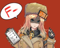 Rule 34 | 1girl, armband, black gloves, blonde hair, blue eyes, breasts, brown coat, brown hat, clipboard, coat, fingerless gloves, gloves, guilty gear, guilty gear strive, hat, highres, holding, holding clipboard, holding pen, large breasts, long hair, long sleeves, looking at viewer, millia rage, parted lips, pen, red background, shaded face, simple background, solo, speech bubble, swept bangs, zet (twt zet)