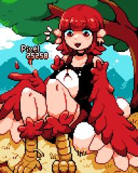 Rule 34 | 1girl, artist name, bare shoulders, bird legs, blush, commentary request, egg, feathers, harpy, hatching, medium hair, monster girl, mountainous horizon, nest, notice lines, open mouth, original, outdoors, pixel25251, pixel art, red eyes, red feathers, red hair, red wings, sitting, solo, tank top, tree, winged arms, wings