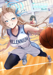 Rule 34 | 2girls, asuna (blue archive), ball, basketball, basketball (object), basketball court, basketball hoop, basketball jersey, basketball uniform, black hair, blue archive, blue eyes, blue halo, blue ribbon, blurry, blurry background, blush, breasts, brown hair, character name, commentary request, cross-laced footwear, eye trail, floating hair, foreshortening, grin, hair ribbon, halo, height, highres, holding, holding ball, indoors, large breasts, leggings under shorts, light trail, long hair, multiple girls, number print, playing sports, ribbon, running, shadow, shirt, shoes, shorts, smile, sneakers, solo focus, sportswear, sweat, trinity student (blue archive), very long hair, white footwear, white shirt, white shorts, yoru0409
