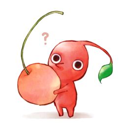 Rule 34 | ?, black eyes, cherry, colored skin, commentary request, commission, deco0114 (623499), food, fruit, holding, holding food, holding fruit, leaf, looking at viewer, lowres, nintendo, no humans, no mouth, oversized food, oversized object, pikmin (creature), pikmin (series), pikmin 3, pointy nose, red pikmin, red skin, shadow, solo, white background