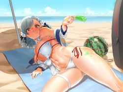 Rule 34 | 1girl, bare shoulders, beach, beach towel, beach umbrella, bikini, black ribbon, blue sky, blush, breasts, center opening, cleavage, cleavage cutout, closed mouth, clothing cutout, cloud, collarbone, commentary, commentary request, day, food, food on body, food on legs, fruit, girls&#039; frontline, gluteal fold, groin, hair ribbon, highres, korean commentary, large breasts, looking at viewer, lying, navel, ocean, official alternate costume, on side, outdoors, popsicle, red eyes, ribbon, sand, shiny skin, side-tie bikini bottom, silver hair, skindentation, sky, smile, solo, spas-12 (girls&#039; frontline), spas-12 (midsummer fruit) (girls&#039; frontline), spread legs, stomach, sunlight, swept bangs, swimsuit, thigh strap, towel, twintails, umbrella, underboob, urrrt, water, watermelon