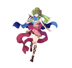 Rule 34 | 1girl, absurdres, armor, bare shoulders, blue cape, boots, breastplate, cape, closed mouth, commentary request, dress, fire emblem, fire emblem: mystery of the emblem, fire emblem heroes, gold trim, green eyes, green hair, hand up, highres, jewelry, leg up, long hair, looking at viewer, necklace, necomi, nintendo, official art, pink dress, pointy ears, ponytail, short dress, sidelocks, simple background, sleeveless, smile, solo, stone, tiara, tiki (fire emblem), tiki (young) (fire emblem), white background
